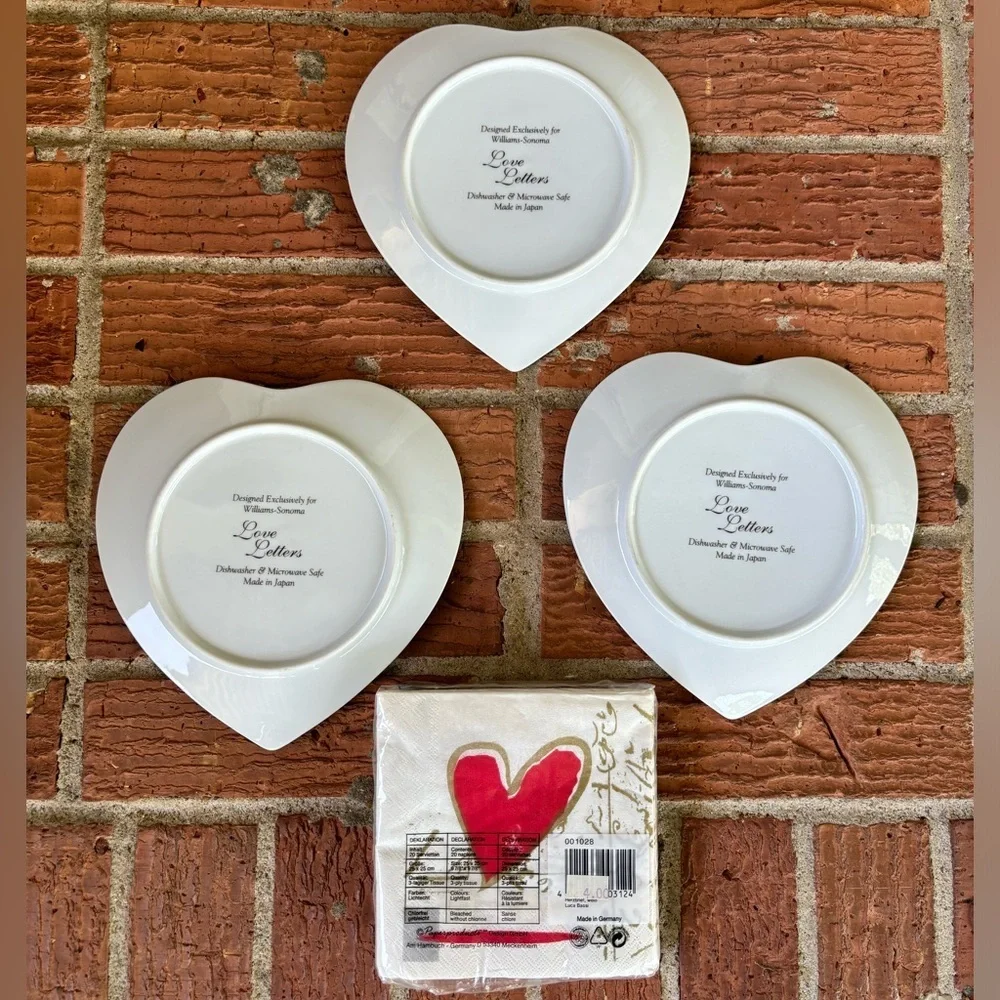 Set Of 3 Williams Sonoma Love Letters Heart Shaped Plates & Cocktail Napkins